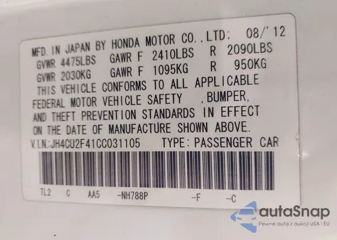 2012 Acura Tsx 2.4 z USA, uszkodzony, nr VIN JH4CU2F41CC031105